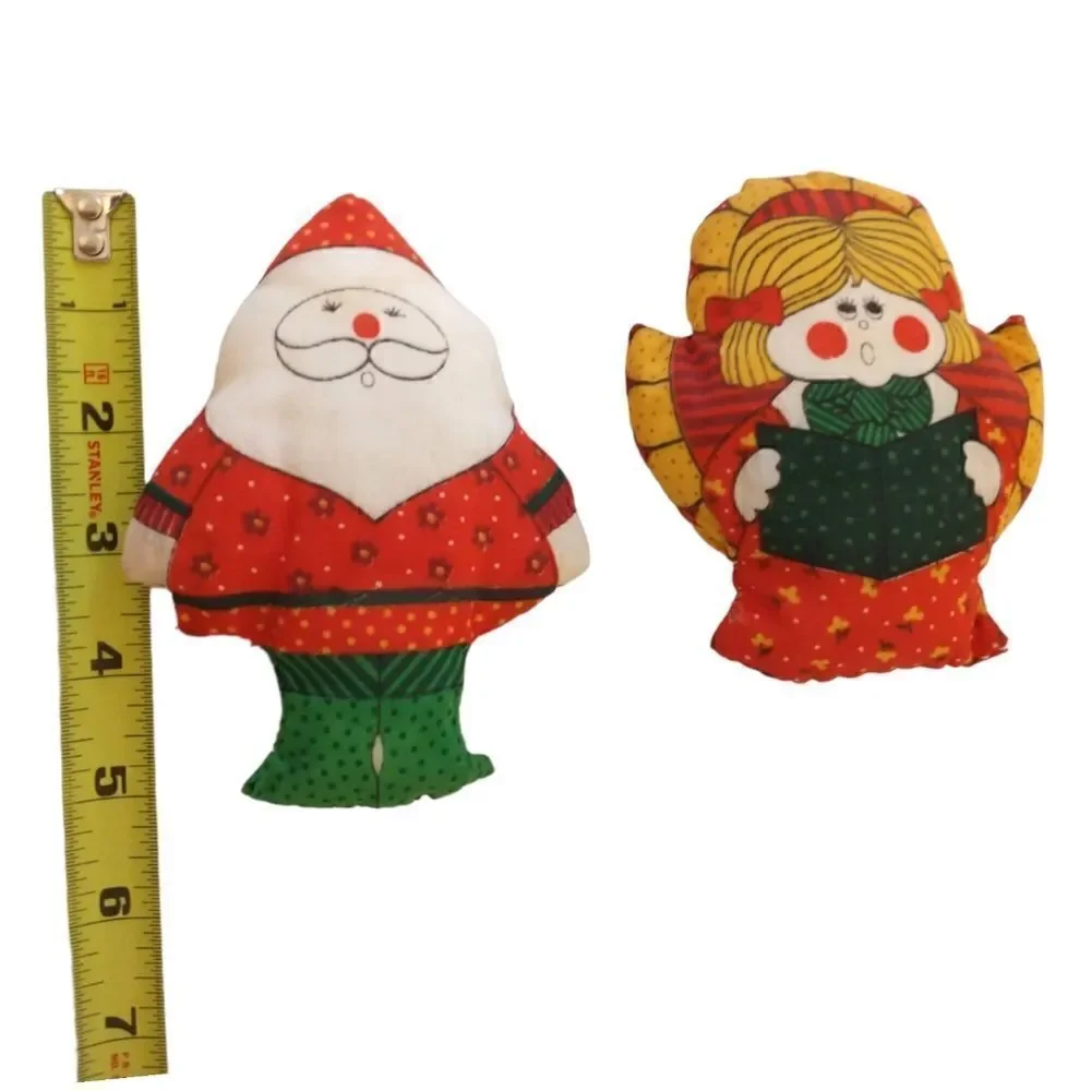 Vtg 80s Christmas Stuffed Ornament Lot‎ of 2 Fabric Handmade Angel Santa Claus.